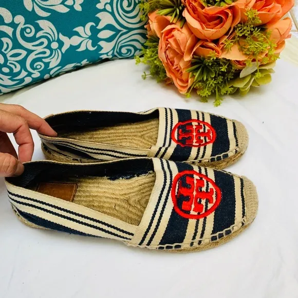Tory Burch Navy Blue Striped Espadrille Flat