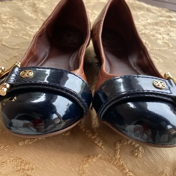 Tory Burch Noel 2Tone black patent leather &amp; brown Ballet Flats