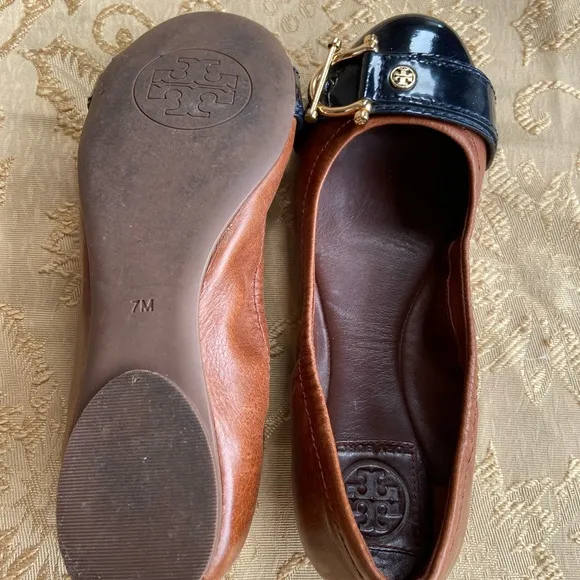 Tory Burch Noel 2Tone black patent leather &amp; brown Ballet Flats