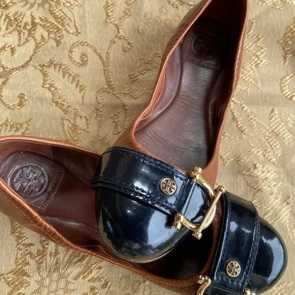 Tory Burch Noel 2Tone black patent leather &amp; brown Ballet Flats