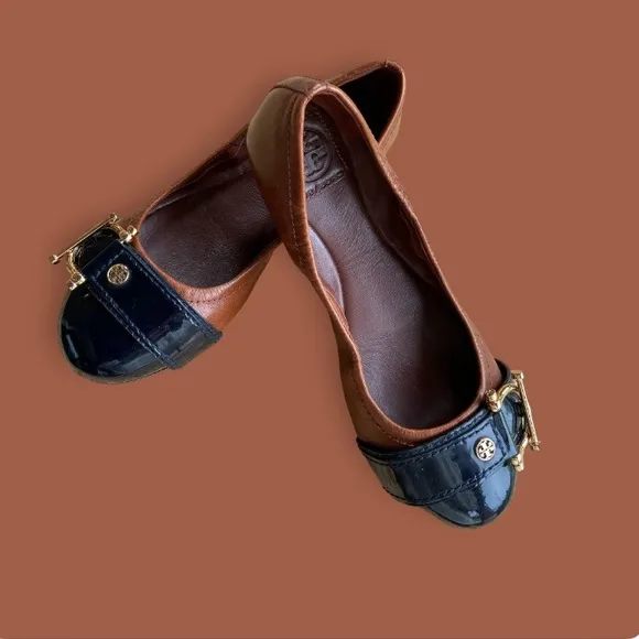 Tory Burch Noel 2Tone black patent leather &amp; brown Ballet Flats