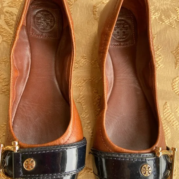 Tory Burch Noel 2Tone black patent leather &amp; brown Ballet Flats