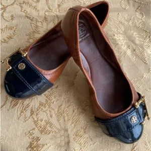 Tory Burch Noel 2Tone black patent leather &amp; brown Ballet Flats