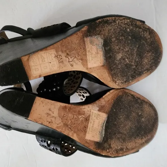 Tory Burch Perforated Laser Cut Black Leather Wedge Sandals Women's Size 5