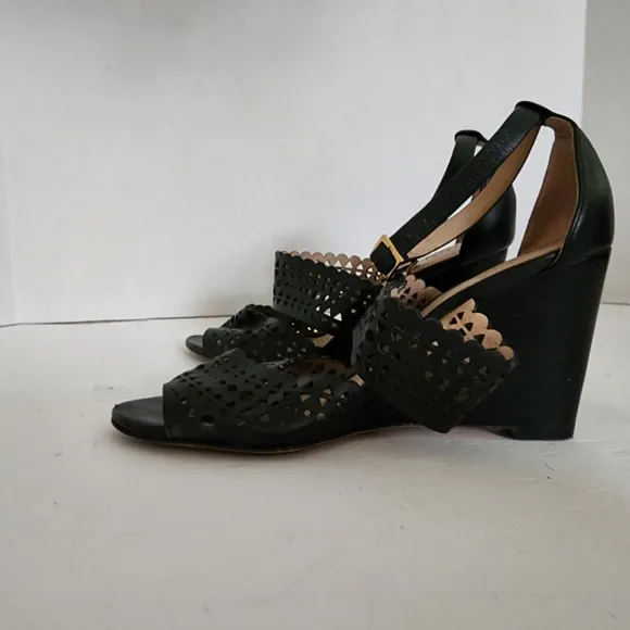 Tory Burch Perforated Laser Cut Black Leather Wedge Sandals Women's Size 5