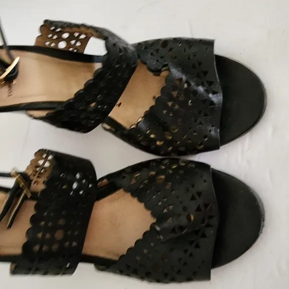 Tory Burch Perforated Laser Cut Black Leather Wedge Sandals Women's Size 5