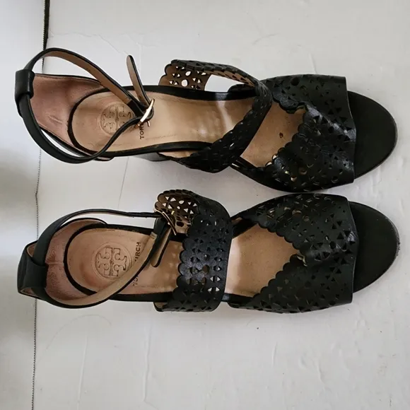 Tory Burch Perforated Laser Cut Black Leather Wedge Sandals Women's Size 5