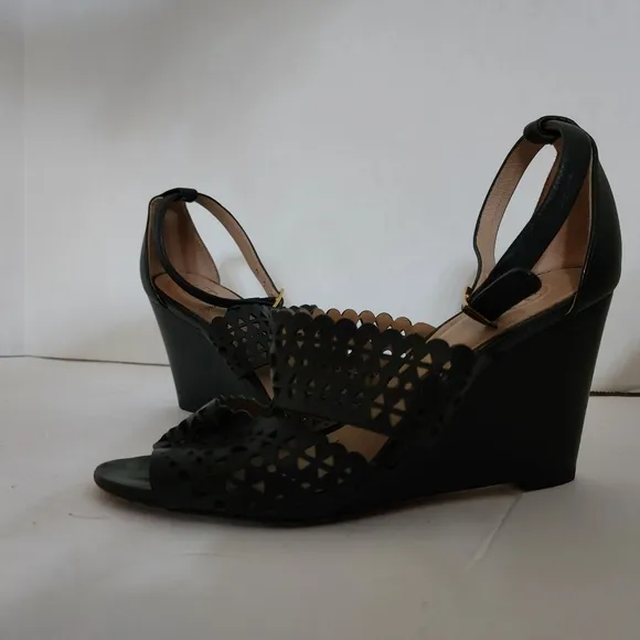 Tory Burch Perforated Laser Cut Black Leather Wedge Sandals Women's Size 5