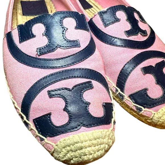 TORY BURCH pink &amp; navy Poppy espadrille flats.