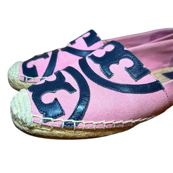 TORY BURCH pink &amp; navy Poppy espadrille flats.