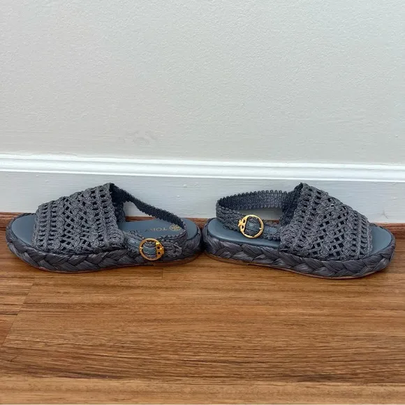 Tory Burch Raffia Canvas Crochet Trim Platform Slingback Espadrilles Sandals
