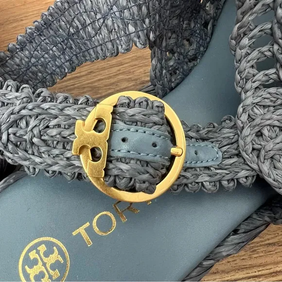 Tory Burch Raffia Canvas Crochet Trim Platform Slingback Espadrilles Sandals