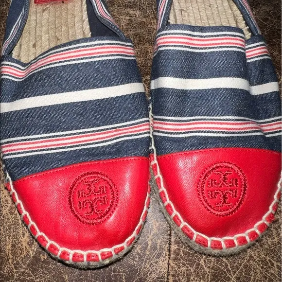 Tory Burch Red Blue White Leather Colorblock Espadrilles Shoes 10