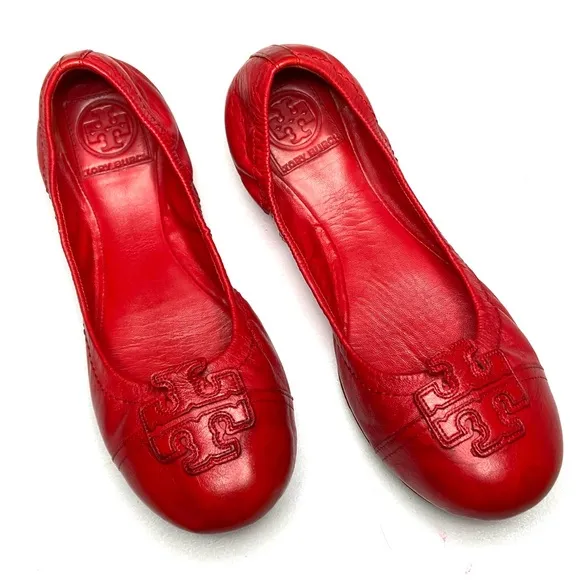 TORY BURCH Red Leather Cap Toe Ballet Flats