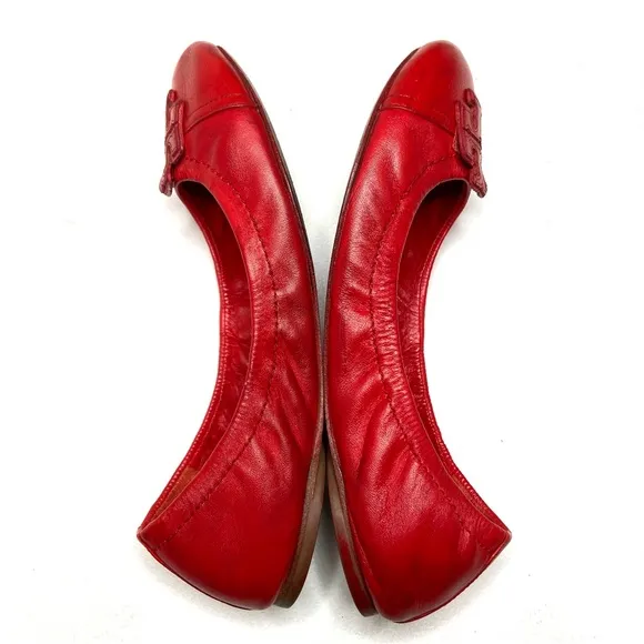 TORY BURCH Red Leather Cap Toe Ballet Flats