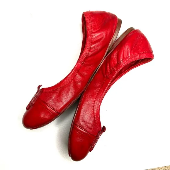 TORY BURCH Red Leather Cap Toe Ballet Flats