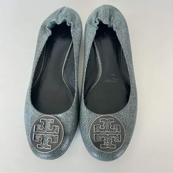 TORY BURCH Reva Gray Stingray Print Leather Slip On Ballet Flats Sz 10 1/2 M