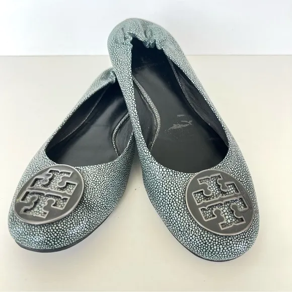 TORY BURCH Reva Gray Stingray Print Leather Slip On Ballet Flats Sz 10 1/2 M