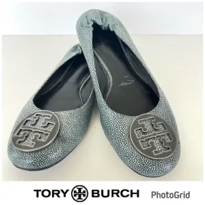 TORY BURCH Reva Gray Stingray Print Leather Slip On Ballet Flats Sz 10 1/2 M