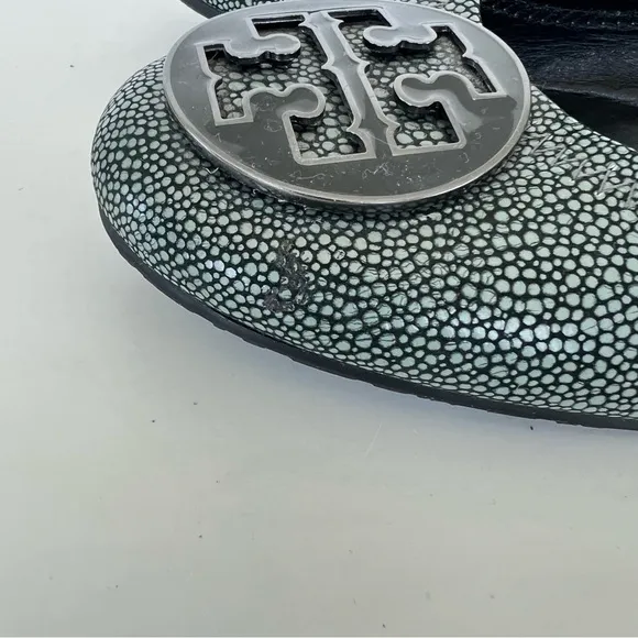 TORY BURCH Reva Gray Stingray Print Leather Slip On Ballet Flats Sz 10 1/2 M