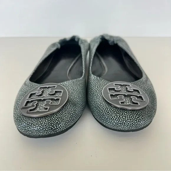 TORY BURCH Reva Gray Stingray Print Leather Slip On Ballet Flats Sz 10 1/2 M