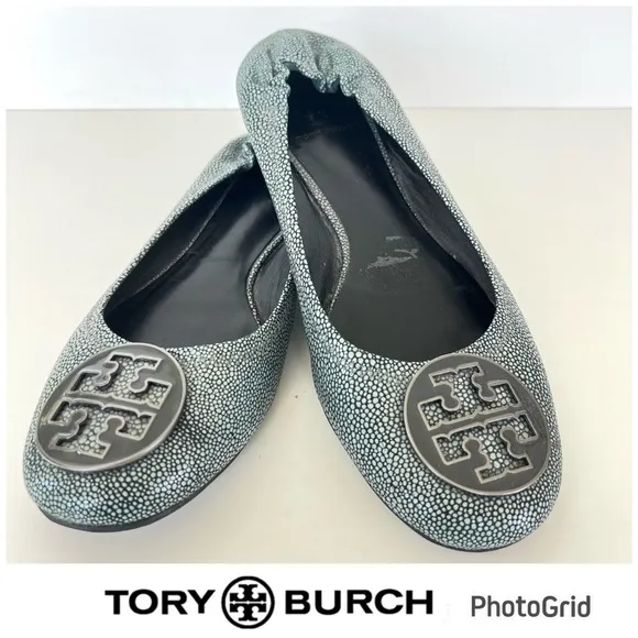 TORY BURCH Reva Gray Stingray Print Leather Slip On Ballet Flats Sz 10 1/2 M