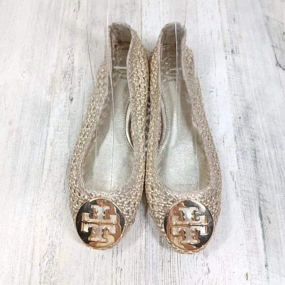 Tory Burch Reva Pasedena Woven Ballet Gold Flats #202