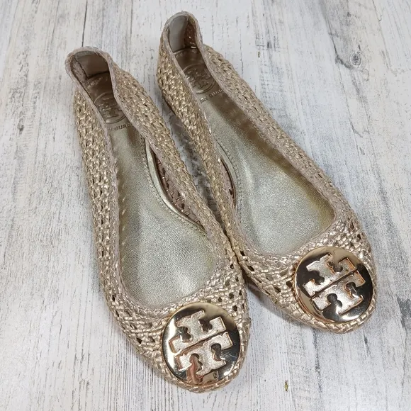 Tory Burch Reva Pasedena Woven Ballet Gold Flats #202