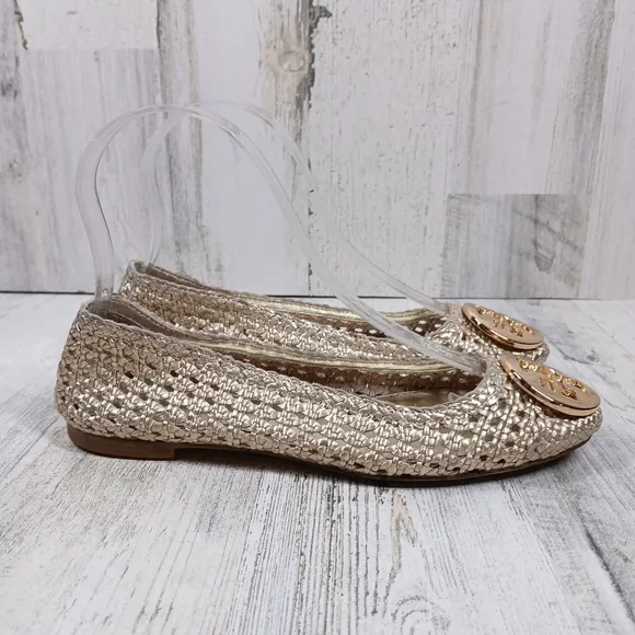 Tory Burch Reva Pasedena Woven Ballet Gold Flats #202