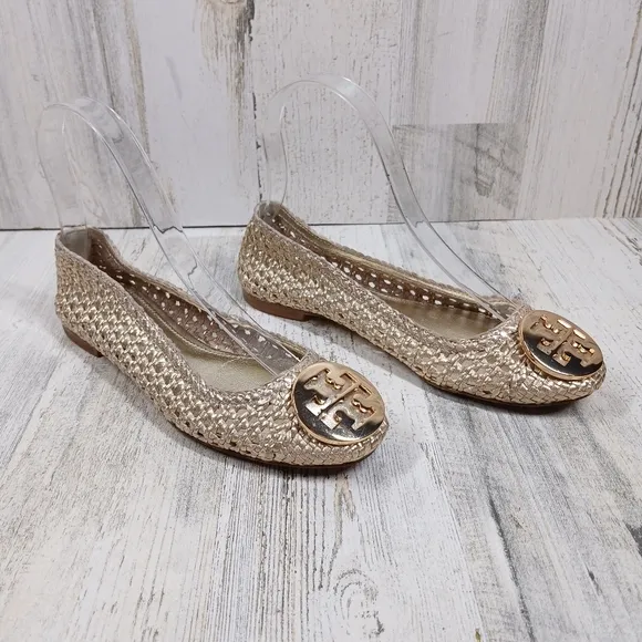 Tory Burch Reva Pasedena Woven Ballet Gold Flats #202