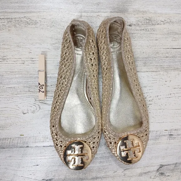 Tory Burch Reva Pasedena Woven Ballet Gold Flats #202