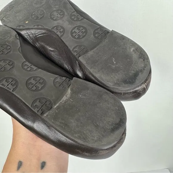 Tory Burch Size 7 M Brown Gold Logo Leather Ballet Flats