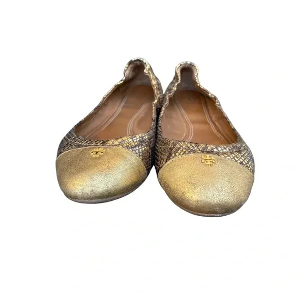 Tory Burch Snakeskin Metallic gold flats with small back hee size 9