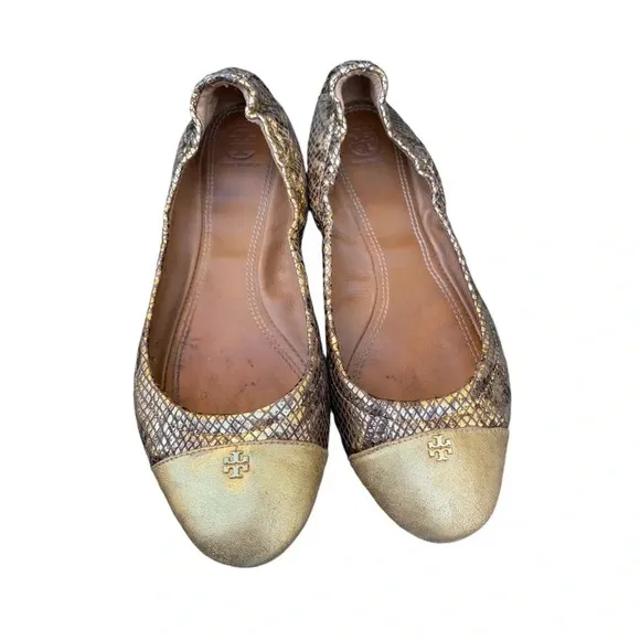 Tory Burch Snakeskin Metallic gold flats with small back hee size 9