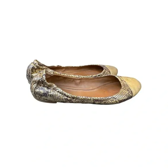 Tory Burch Snakeskin Metallic gold flats with small back hee size 9