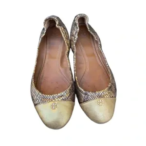 Tory Burch Snakeskin Metallic gold flats with small back hee size 9