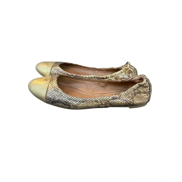 Tory Burch Snakeskin Metallic gold flats with small back hee size 9