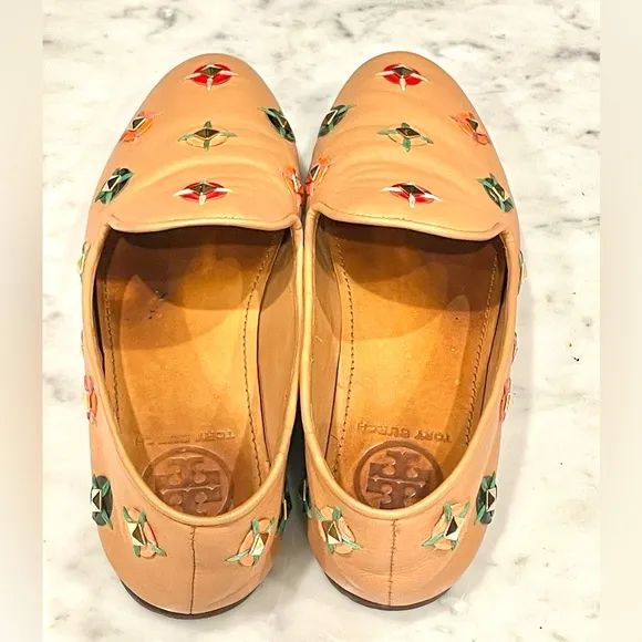 Tory Burch soft leather slip on loafers w/ woven/jeweled embellishments, 6, EUC