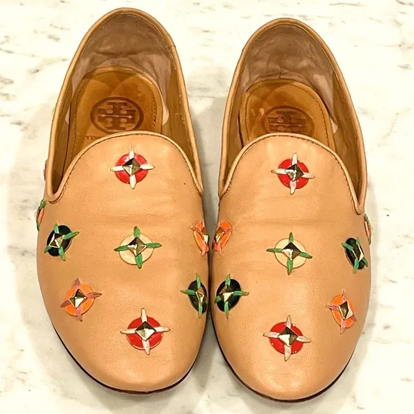 Tory Burch soft leather slip on loafers w/ woven/jeweled embellishments, 6, EUC