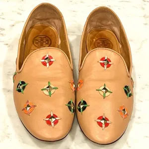 Tory Burch soft leather slip on loafers w/ woven/jeweled embellishments, 6, EUC
