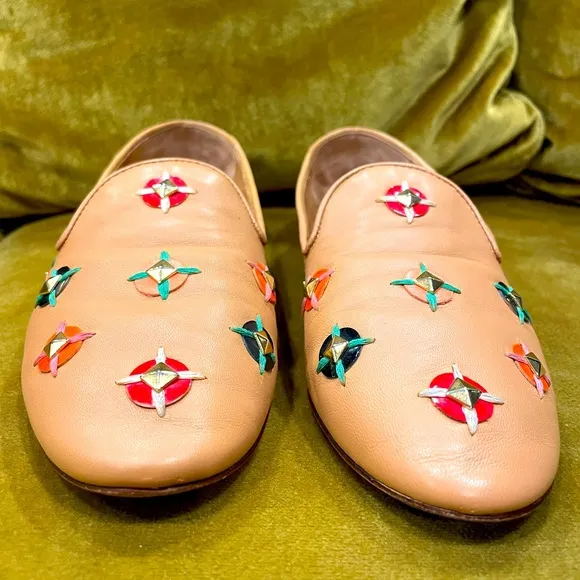 Tory Burch soft leather slip on loafers w/ woven/jeweled embellishments, 6, EUC