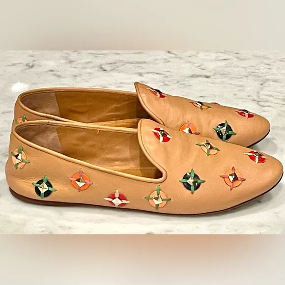 Tory Burch soft leather slip on loafers w/ woven/jeweled embellishments, 6, EUC