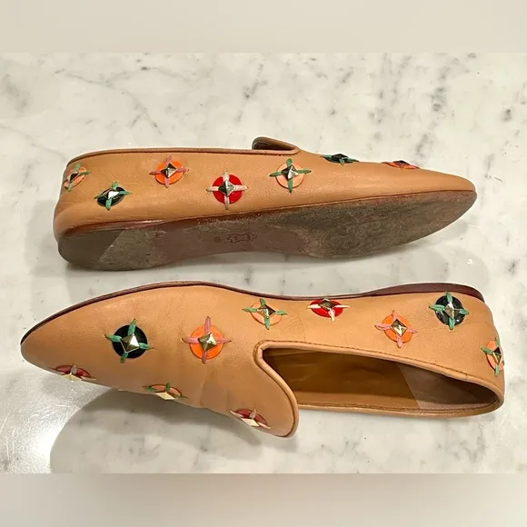 Tory Burch soft leather slip on loafers w/ woven/jeweled embellishments, 6, EUC
