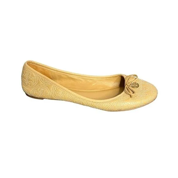 Tory Burch tan embroidered quilted leather round toe ballet flats size 9.5
