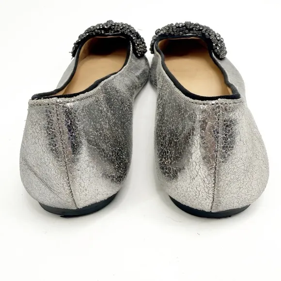TORY BURCH Vanessa Silver Crackle Crystal Bow Slip On Flats Pointy Toe, Size 7M