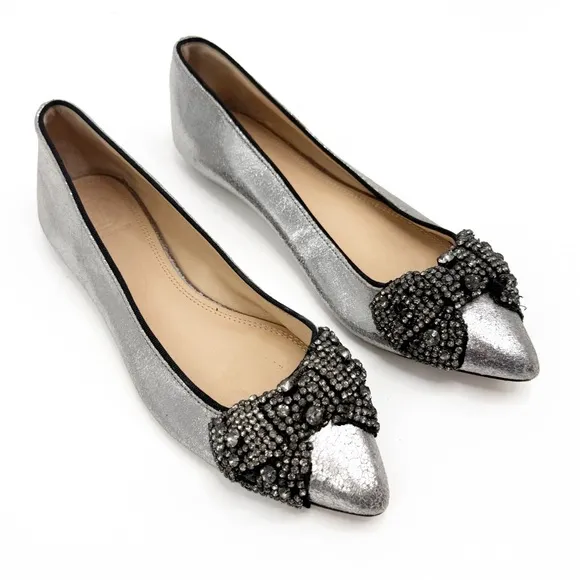 TORY BURCH Vanessa Silver Crackle Crystal Bow Slip On Flats Pointy Toe, Size 7M