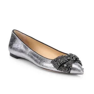 TORY BURCH Vanessa Silver Crackle Crystal Bow Slip On Flats Pointy Toe, Size 7M
