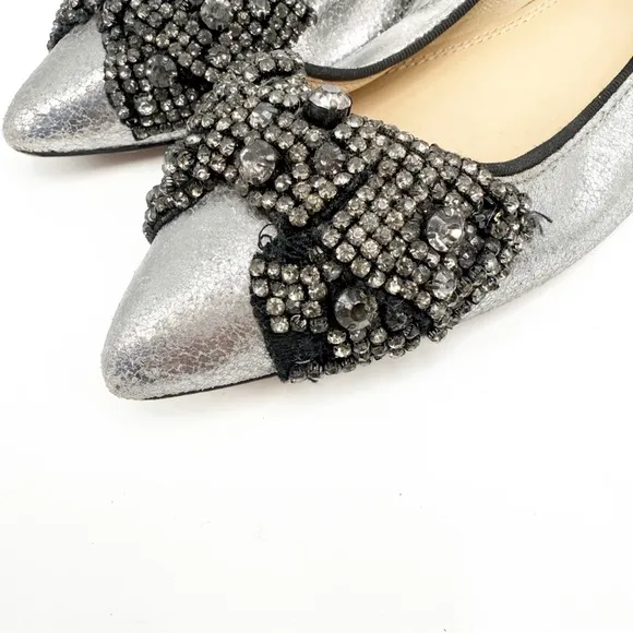 TORY BURCH Vanessa Silver Crackle Crystal Bow Slip On Flats Pointy Toe, Size 7M