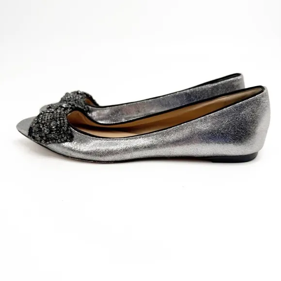 TORY BURCH Vanessa Silver Crackle Crystal Bow Slip On Flats Pointy Toe, Size 7M