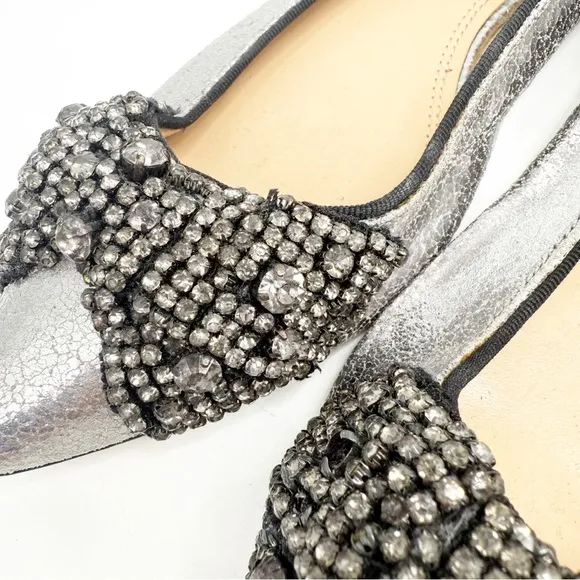 TORY BURCH Vanessa Silver Crackle Crystal Bow Slip On Flats Pointy Toe, Size 7M